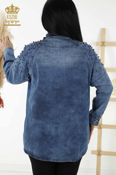 Toptan Kadın Kot Gömlek Boncuk Detaylı Mavi - 20374 | KAZEE - Thumbnail
