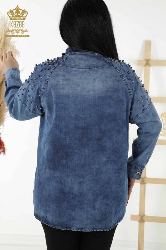 Toptan Kadın Kot Gömlek Boncuk Detaylı Mavi - 20374 | KAZEE