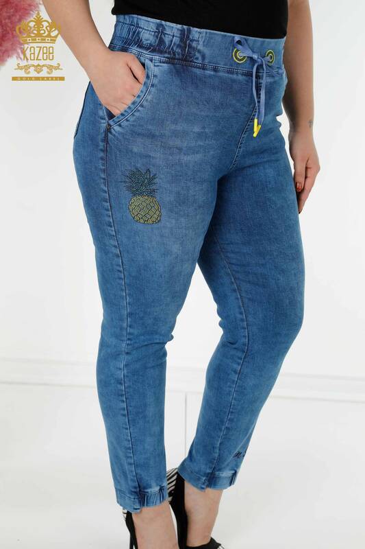 Toptan Kadın Kot Pantolon Ananas Desenli Mavi - 3692 | KAZEE