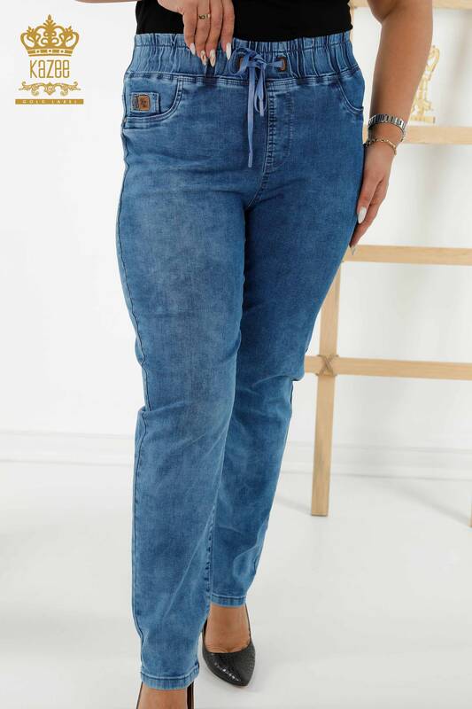 Toptan Kadın Kot Pantolon Beli Lastikli Mavi - 3698 | KAZEE