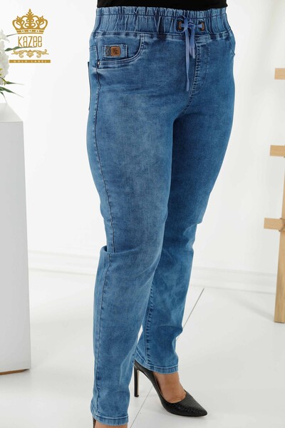 Toptan Kadın Kot Pantolon Beli Lastikli Mavi - 3698 | KAZEE - Thumbnail (2)