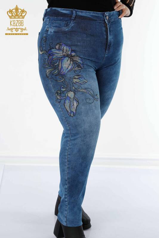 Toptan Kadın Kot Pantolon Çiçek Desenli Mavi - 3569 | KAZEE