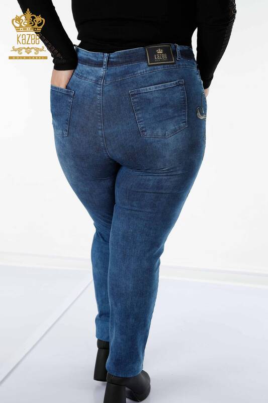 Toptan Kadın Kot Pantolon Çiçek Desenli Mavi - 3569 | KAZEE