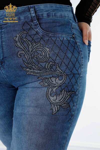 Toptan Kadın Kot Pantolon Desenli Çizgili Mavi - 3568 | KAZEE - Thumbnail