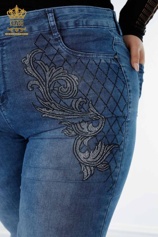 Toptan Kadın Kot Pantolon Desenli Çizgili Mavi - 3568 | KAZEE