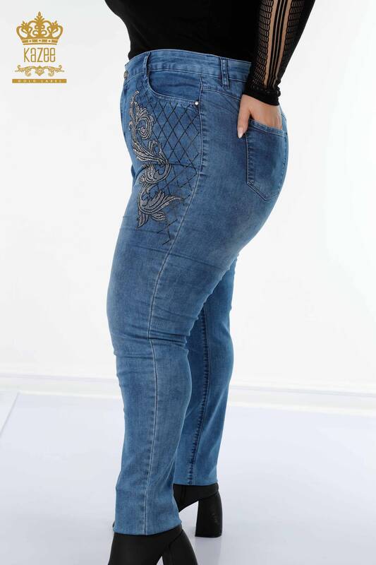 Toptan Kadın Kot Pantolon Desenli Çizgili Mavi - 3568 | KAZEE