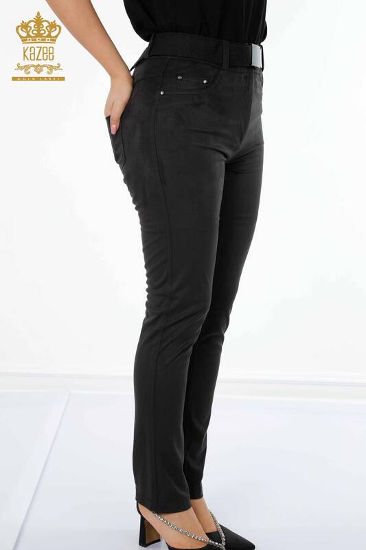 Toptan Kadın Kot Pantolon Kemerli Siyah - 3358 | KAZEE