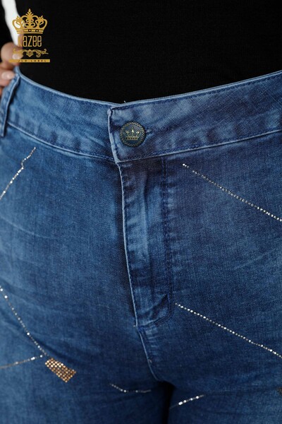 Toptan Kadın Kot Pantolon Kristal Taş İşlemeli Mavi - 3587 | KAZEE - Thumbnail