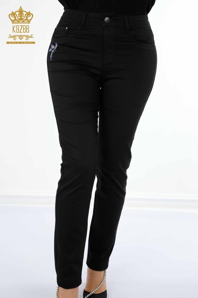 Toptan Kadın Kot Pantolon Kuş Desenli Siyah - 3603 | KAZEE - Thumbnail