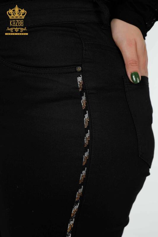 Toptan Kadın Kot Pantolon Leopar Desenli Taş İşlemeli Siyah - 3600 | KAZEE