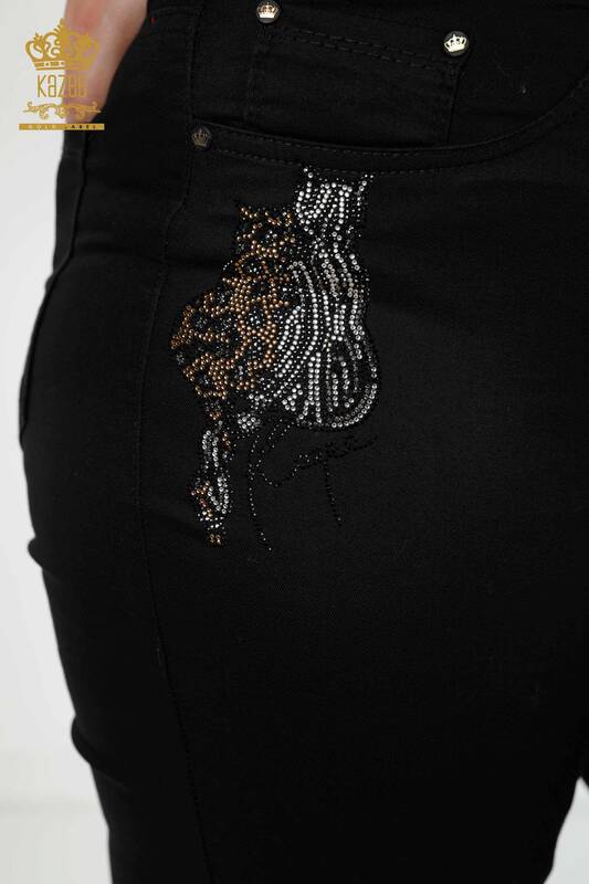 Toptan Kadın Kot Pantolon Leopar Desenli Taş İşlemeli Siyah - 3600 | KAZEE