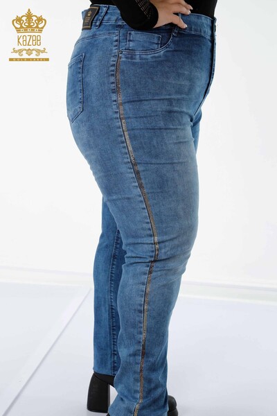 Toptan Kadın Kot Pantolon Şerit Renkli Taş İşlemeli Mavi - 3567 | KAZEE - Thumbnail