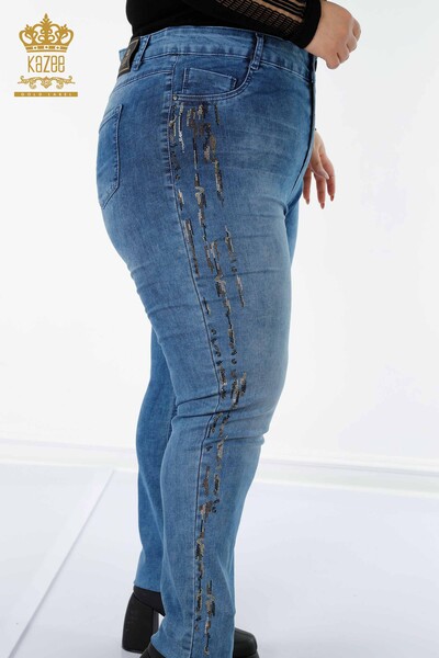 Toptan Kadın Kot Pantolon Şerit Renkli Taş İşlemeli Mavi - 3570 | KAZEE - Thumbnail