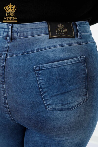 Toptan Kadın Kot Pantolon Şerit Renkli Taş İşlemeli Mavi - 3570 | KAZEE - Thumbnail