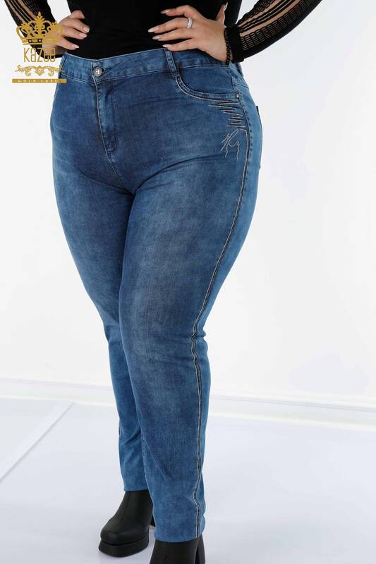 Toptan Kadın Kot Pantolon Şerit Taş İşlemeli Mavi - 3566 | KAZEE