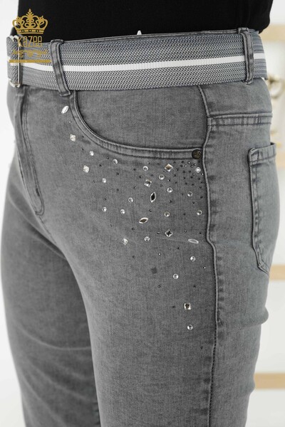 Toptan Kadın Kot Pantolon Taş İşlemeli Gri - 3688 | KAZEE - Thumbnail (2)