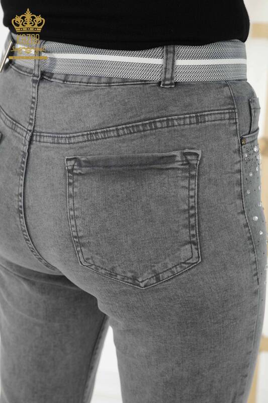 Toptan Kadın Kot Pantolon Taş İşlemeli Gri - 3688 | KAZEE