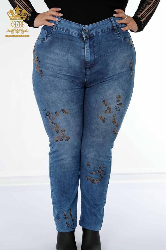Toptan Kadın Kot Pantolon Taş İşlemeli Mavi - 3607 | KAZEE