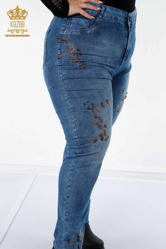 Toptan Kadın Kot Pantolon Taş İşlemeli Mavi - 3607 | KAZEE