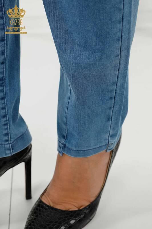 Toptan Kadın Kot Pantolon Taş İşlemeli Mavi - 3690 | KAZEE