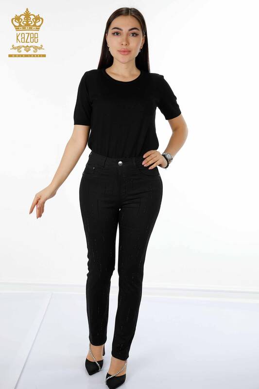 Toptan Kadın Kot Pantolon Taş İşlemeli Siyah - 3598 | KAZEE