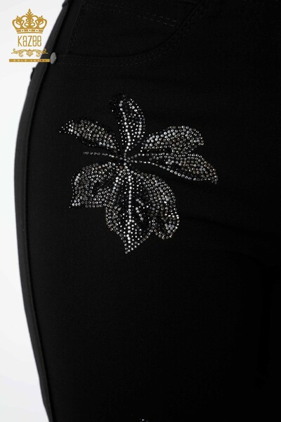 Toptan Kadın Kot Pantolon Yaprak Desenli Siyah - 3562 | KAZEE - Thumbnail
