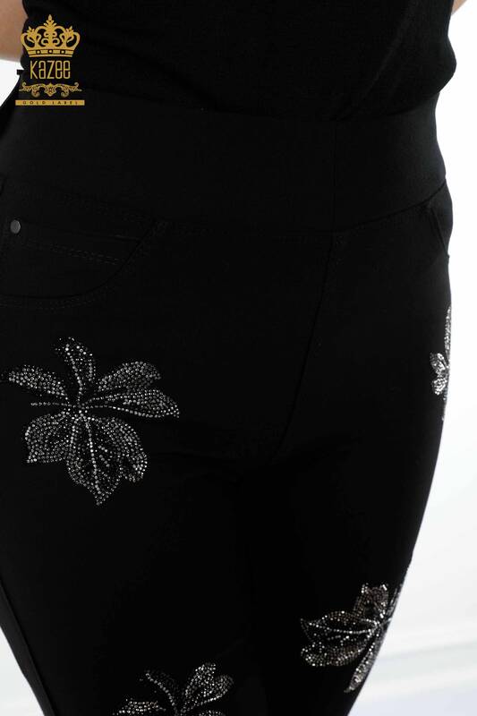 Toptan Kadın Kot Pantolon Yaprak Desenli Siyah - 3562 | KAZEE