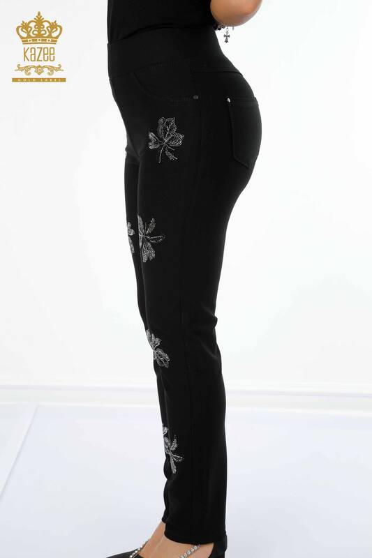 Toptan Kadın Kot Pantolon Yaprak Desenli Siyah - 3562 | KAZEE
