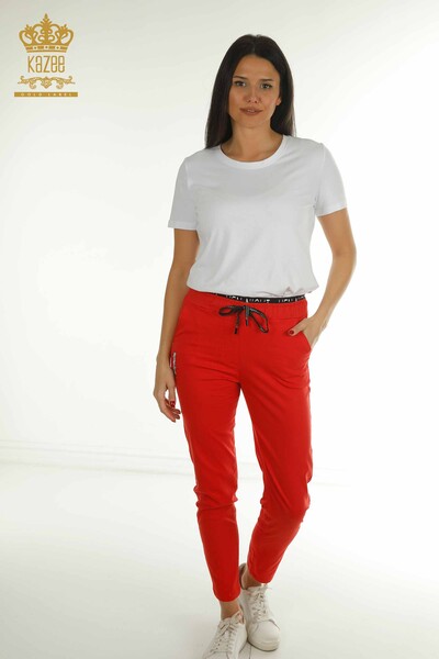 M - Toptan Kadın Pantolon Bağlama Detaylı Kırmızı - 2406-4288 | M