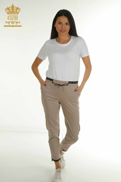 M - Toptan Kadın Pantolon Beli Lastikli Bej - 2406-4525 | M