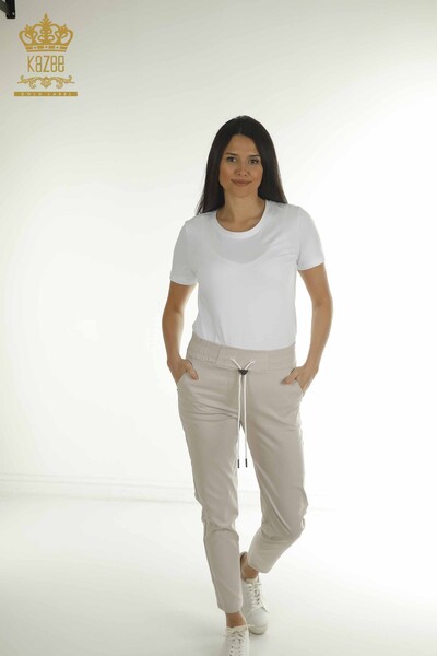 M - Toptan Kadın Pantolon Beli Lastikli Bej - 2406-4565 | M