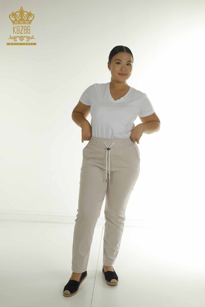 Toptan Kadın Pantolon Beli Lastikli Bej - 2406-4566 | M - Thumbnail