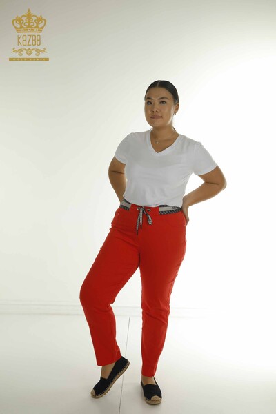 Toptan Kadın Pantolon Beli Lastikli Kırmızı - 2406-4514 | M - Thumbnail