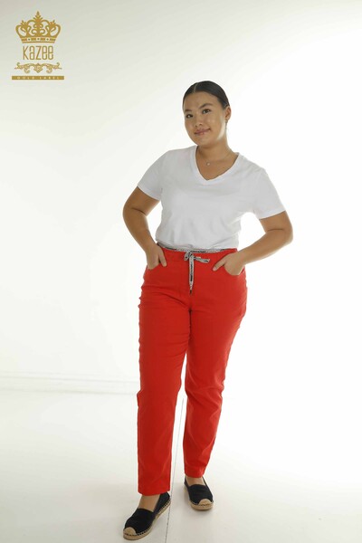 Toptan Kadın Pantolon Beli Lastikli Kırmızı- 2406-4520 | M - Thumbnail