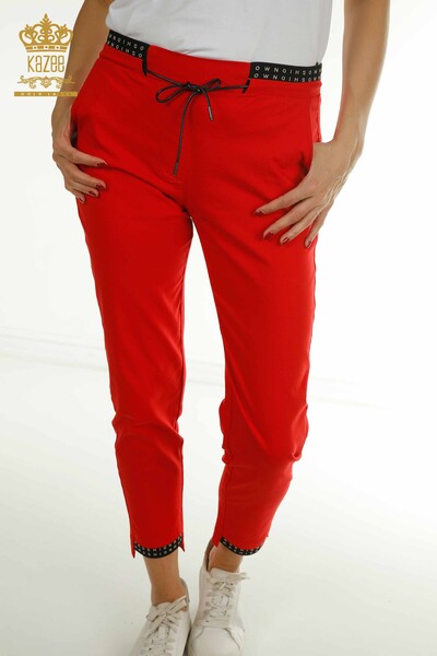 M - Toptan Kadın Pantolon Beli Lastikli Kırmızı - 2406-4525 | M (1)