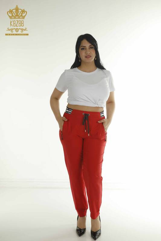 Toptan Kadın Pantolon Beli Lastikli Kırmızı - 2415-13508 | L&B