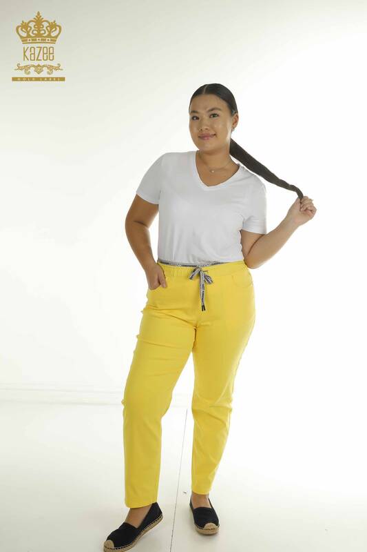 Toptan Kadın Pantolon Beli Lastikli Sarı - 2406-4520 | M