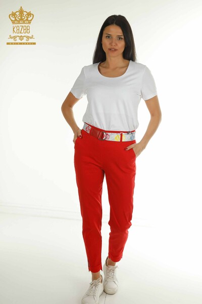 M - Toptan Kadın Pantolon Cep Detaylı Kırmızı - 2406-4305 | M
