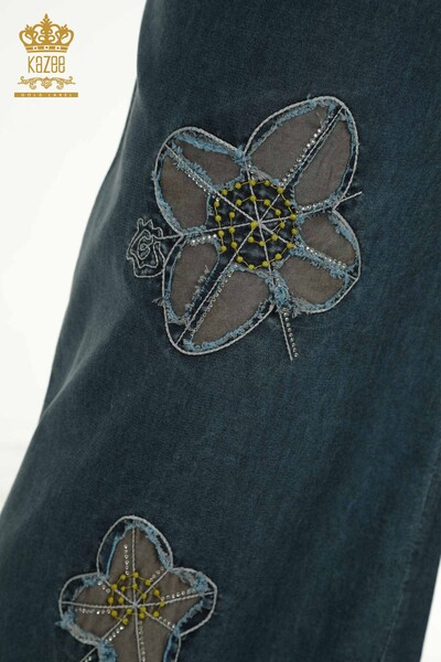 Toptan Kadın Pantolon Çiçek İşlemeli Mavi - 2410-4018 | G - Thumbnail