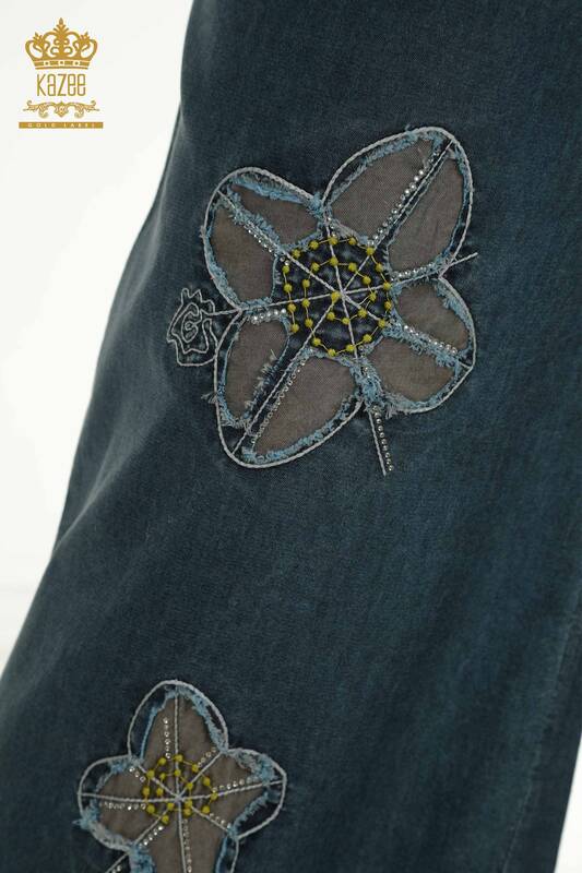 Toptan Kadın Pantolon Çiçek İşlemeli Mavi - 2410-4018 | G