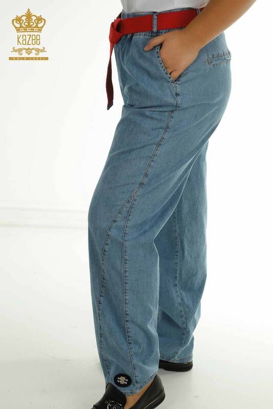Toptan Kadın Pantolon Kemer Detaylı Mavi Kırmızı - 2410-4021 | G