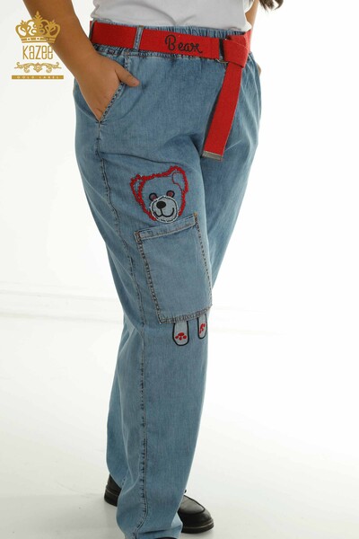 Toptan Kadın Pantolon Kemer Detaylı Mavi Kırmızı - 2410-4021 | G - Thumbnail
