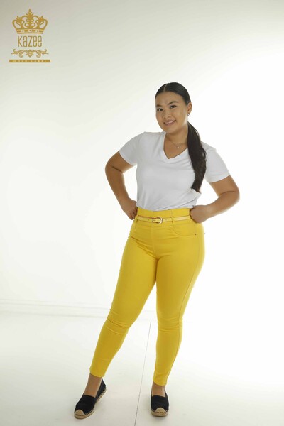 M&N - Toptan Kadın Pantolon Kemer Detaylı Sarı - 2412-03242 | M&N