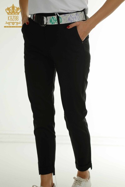M - Toptan Kadın Pantolon Kemer Detaylı Siyah - 2406-4305 | M (1)