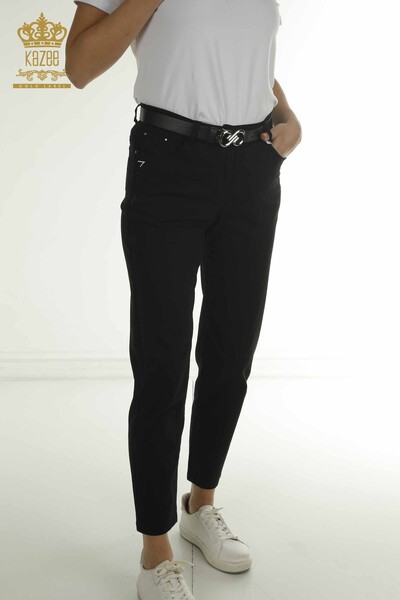 M - Toptan Kadın Pantolon Kemer Detaylı Siyah - 2406-4544 | M (1)
