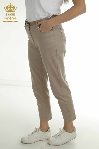 M - Toptan Kadın Pantolon Kemer Detaylı Vizon - 2406-4544 | M (1)