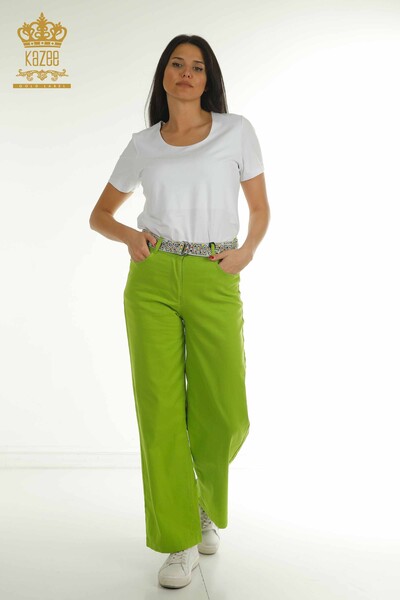 M - Toptan Kadın Pantolon Kemer Detaylı Yeşil - 2406-4521 | M