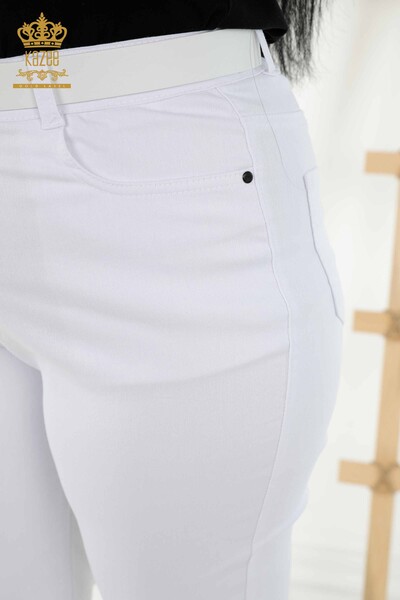 Toptan Kadın Pantolon Kemerli Taş İşlemeli Beyaz - 3683 | KAZEE - Thumbnail