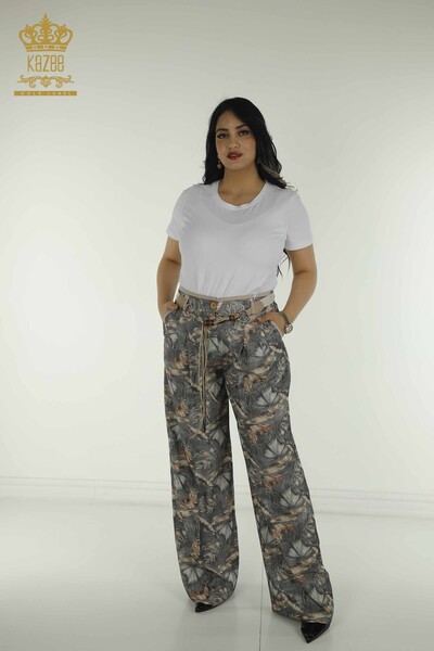 L&B - Toptan Kadın Pantolon Renkli Desenli Gri - 2415-13645 | L&B