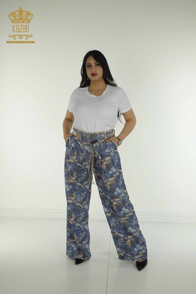 L&B - Toptan Kadın Pantolon Renkli Desenli Mavi - 2415-13645 | L&B